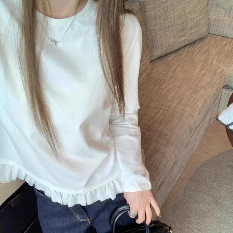 달콤한 플리츠 레이스 밑단 긴 소매 셔츠 여성 가을 겨울 한국 스타일 다용도 심플 화이트 이너웨어 탑 의류
