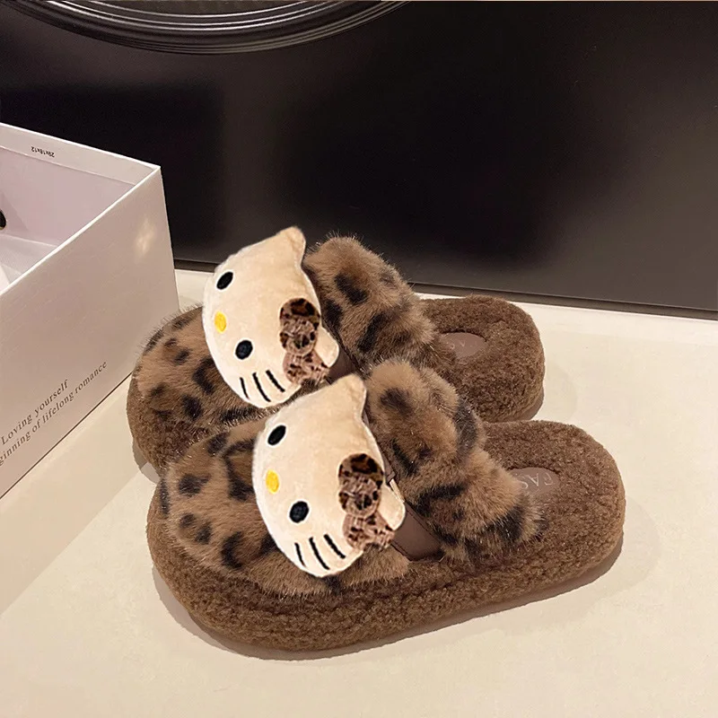 جديد الشتاء المرأة نعال من القطن ليوبارد طباعة مرحبا كيتي دافئ مريح باوتو المنزل المضادة للانزلاق مقاومة للاهتراء النعال