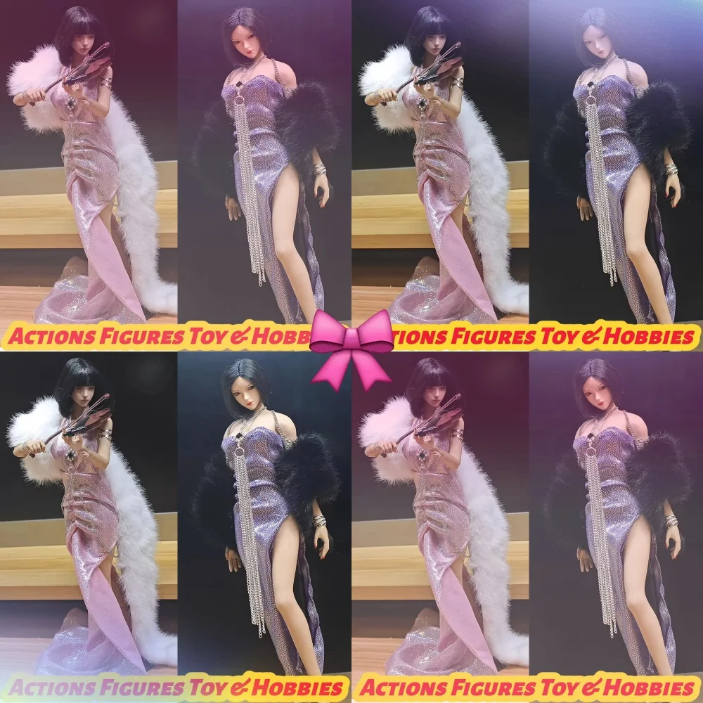 

【Только одежда】Женское сексуальное платье 1/6 с высоким разрезом, глубоким V-образным вырезом, на бретельках, облегающее, длинное, с большим меховым палантином для 12-дюймовых фигурок-моделей.