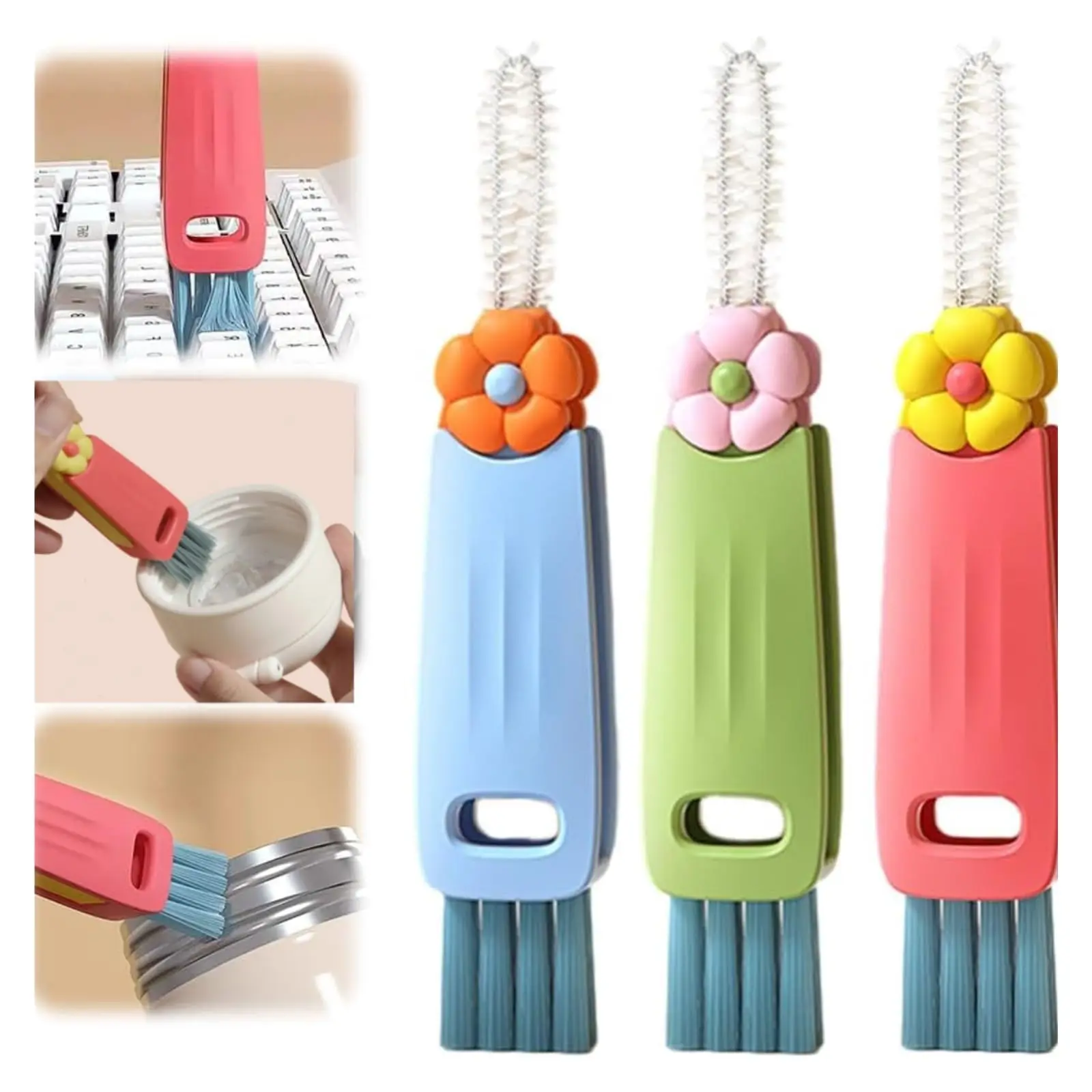 3 in 1 Cup Lid Cleaning Brush - Portable Crevice Cleaning Brush for Bottle lid Gap - 3 PC Cute Flower Multi Functional Cleaner