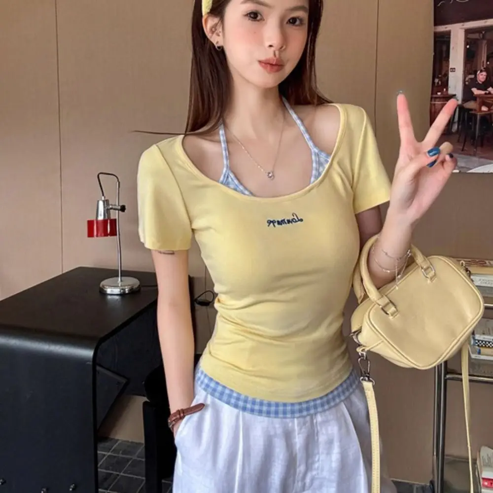 

Ins Style Blue Grid Long Sleeve T-shirt Lace Simple Slim Thin Pullover Undershirt Bottoming Shirt Crop Top Women Y2k Autumn