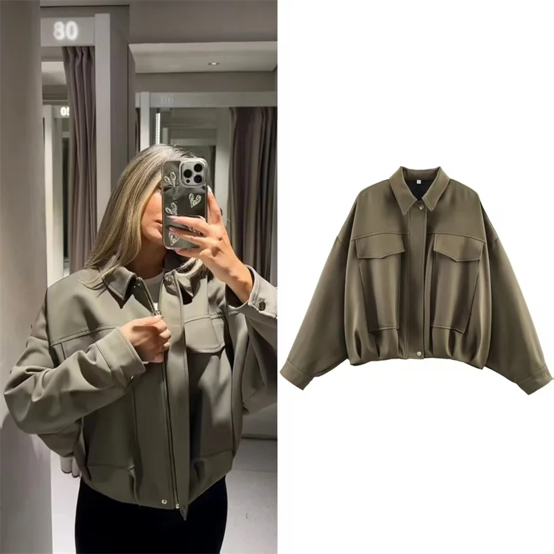 

Women's Jacket 2025 Winter New Arrival Army Green Long Sleeve Pleated Decorative Loose Pilot Jacket Casual Fashion