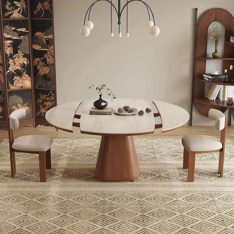 Travertine sintered stone extendable dining table, modern minimalist, small home layout, foldable dining table and chairs
