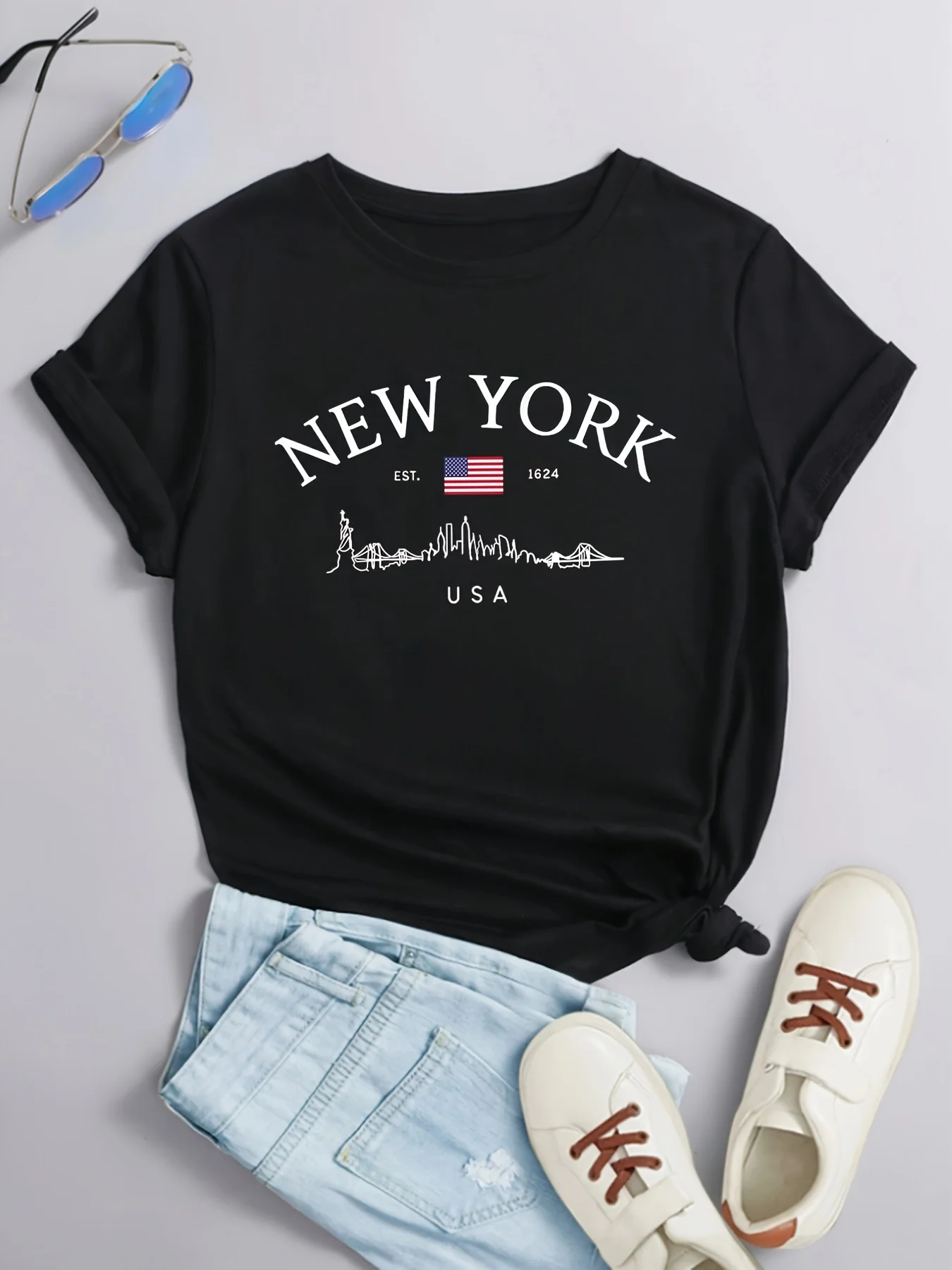 New York Print Crew Neck T-shirt, Short Sleeve Casual Top For Summer & Spring, Women's Clothing