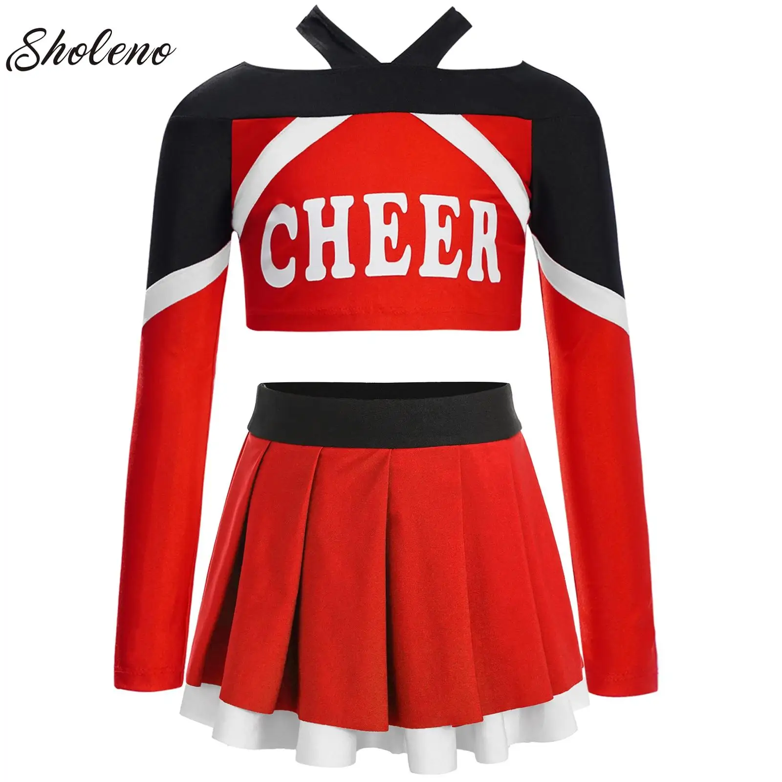 

Kids Girls Cheerleading Costumes Long Sleeve Letter Print Color Block Crop Top with Pleated Skirt Schoolgirl Cheer Dance Suits