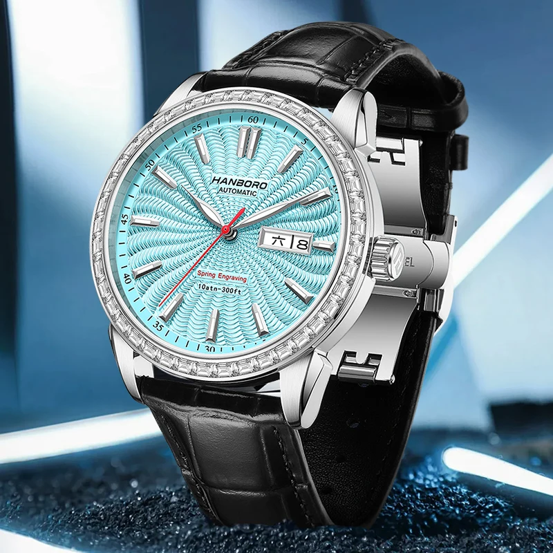 HANBORO Orologio automatico da uomo 41,5 mm Orologio da polso meccanico Specchio con zaffiro luminoso Doppio calendario Data della settimana