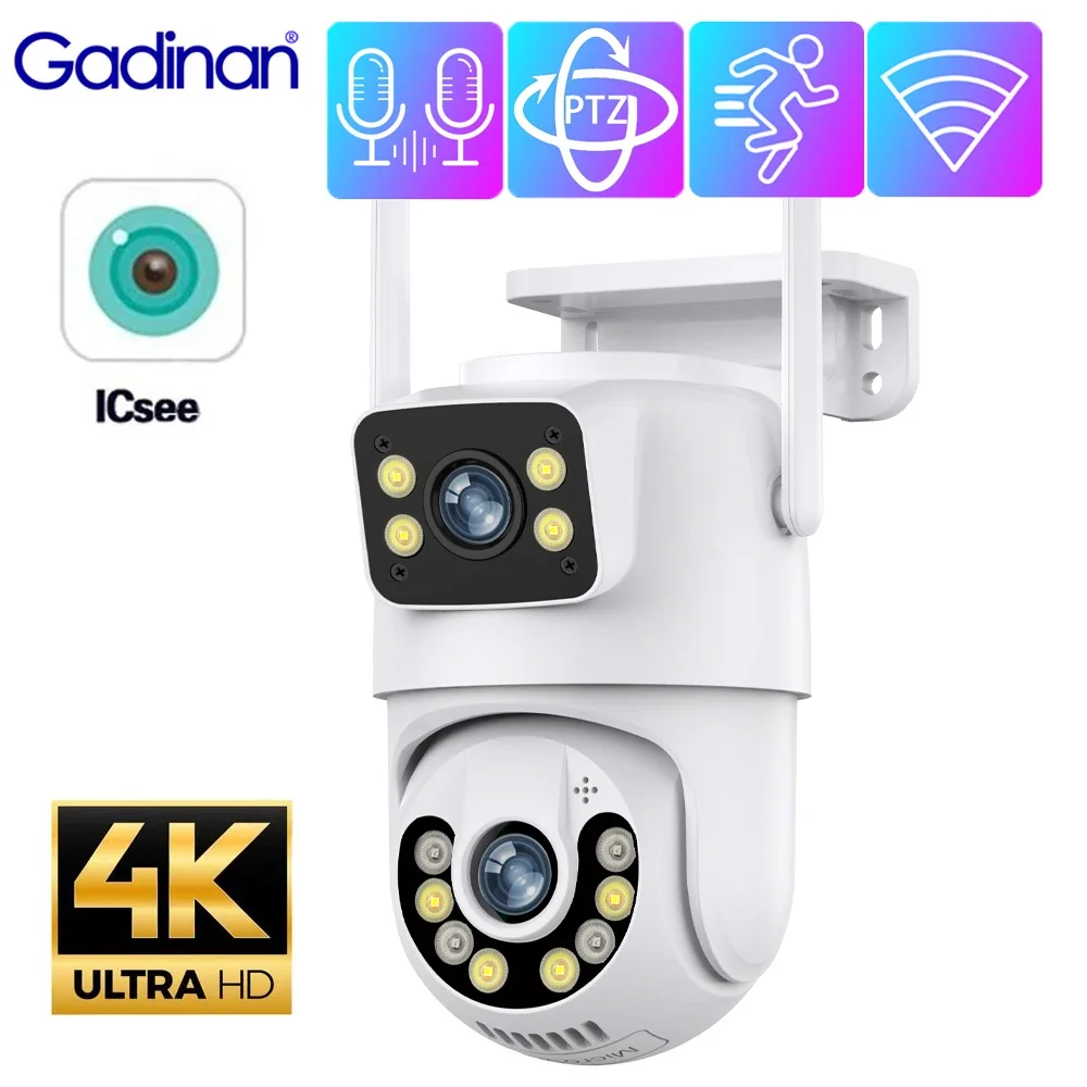 Gadinan Dual Lens Screen HD 4K 8MP Wifi IP Camera  Ai Human Detection Auto Tracking  Outdoor Video Surveillance PTZ Camera ICSee