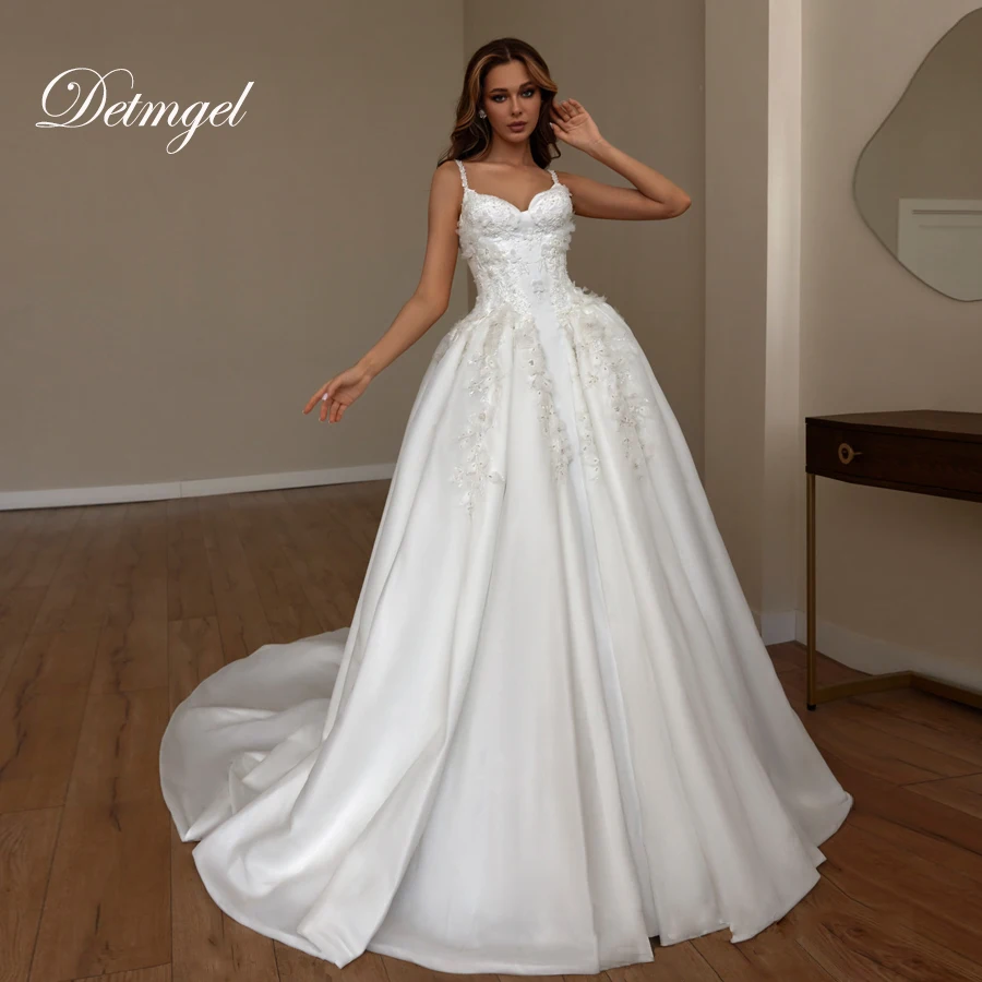 

Detmgel Индивидуальные новые простые свадебные платья трапециевидной формы с круглым вырезом и шлейфом, 3D цветы, аппликации, атласное платье из бисера, Vestido De Noiva