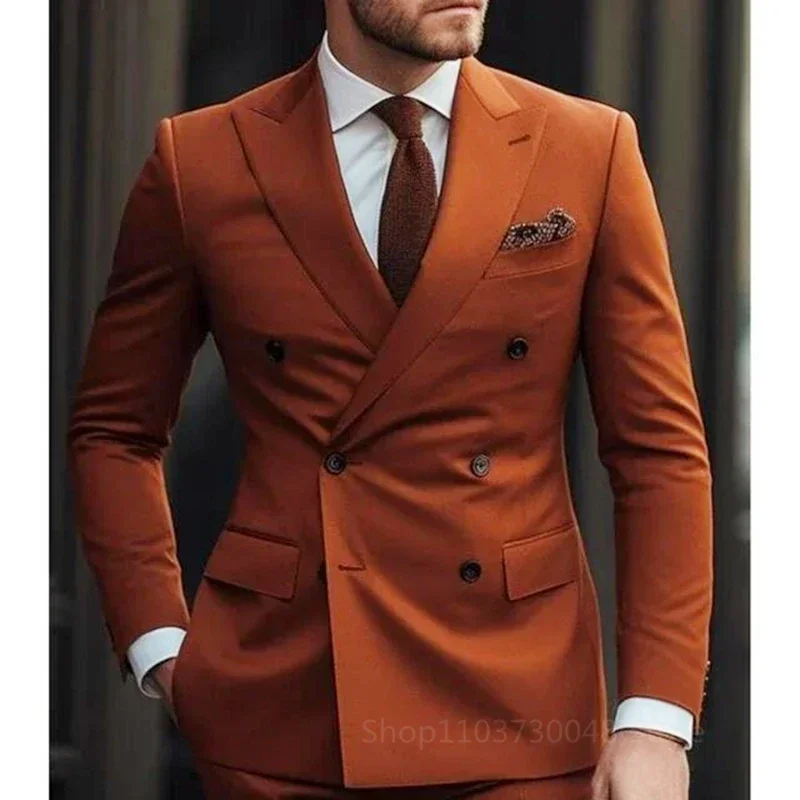 2 Pieces Solid Men Suits Set Fashion New Men\'s Formal Business/Wedding Groom Suits Peak Lapel Double Breasted Blazer Trousers