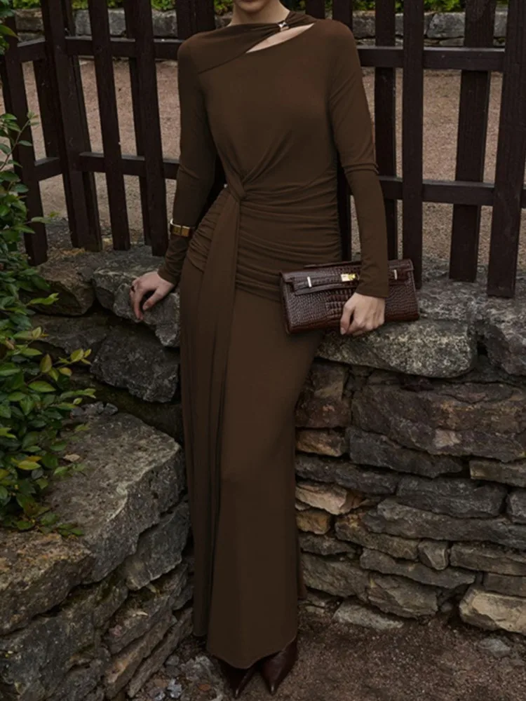 

Autumn Fashion Temperament Slim Pleated Waist Dress Women's Elegant Irregular Lace-up Round-neck Long-sleeved Sexy Long Skirt