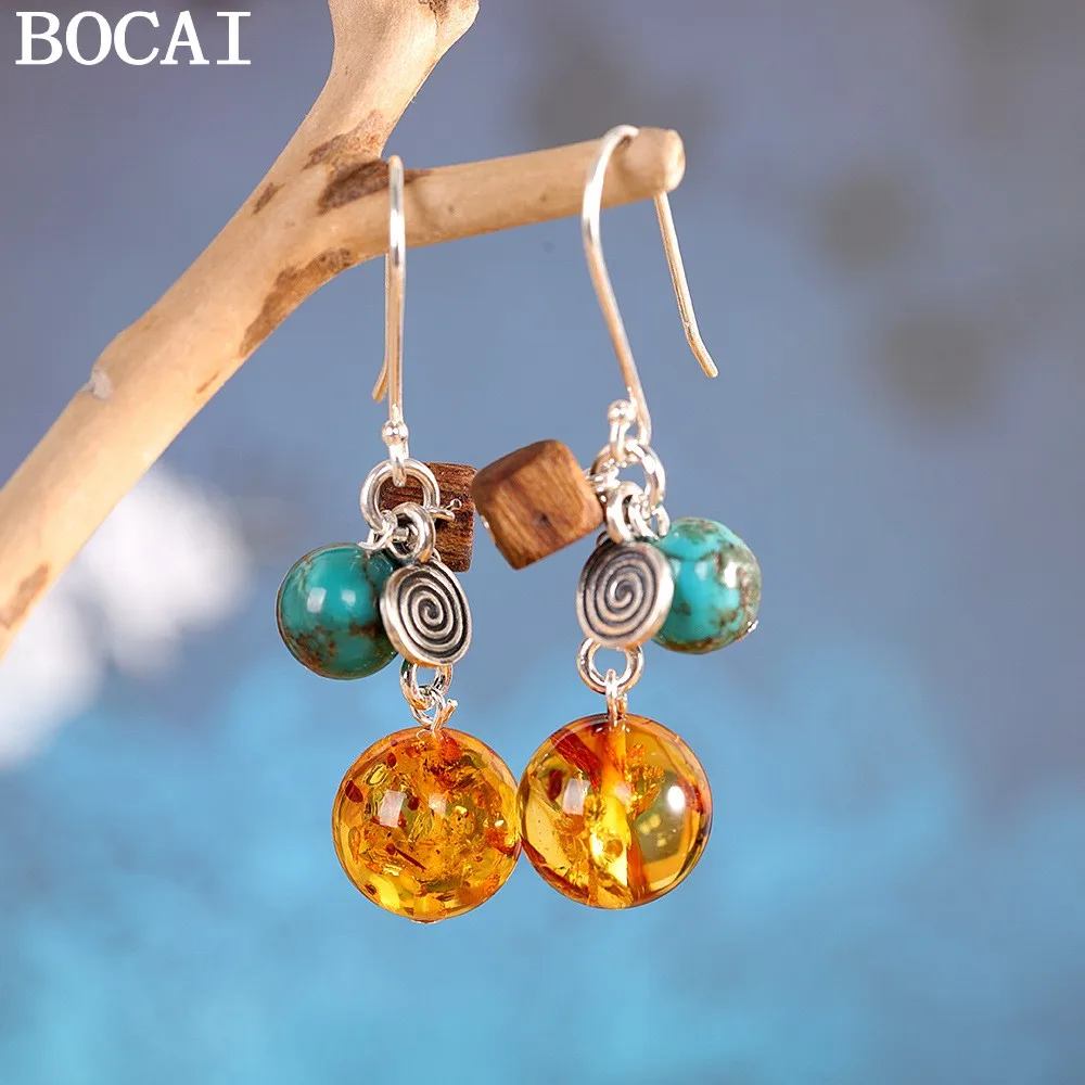 

BOCAI НОВЫЕ серьги из стерлингового серебра 925 пробы в стиле ретро с янтарем и бирюзой из агара
