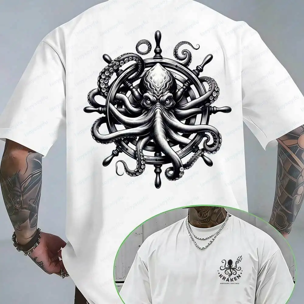 Nautical Kraken Captain T-shirt Octopus Ship Wheel Graphic Tee Men's Dark Vintage Streetwear Oversized Cotton Short Sleeve Top