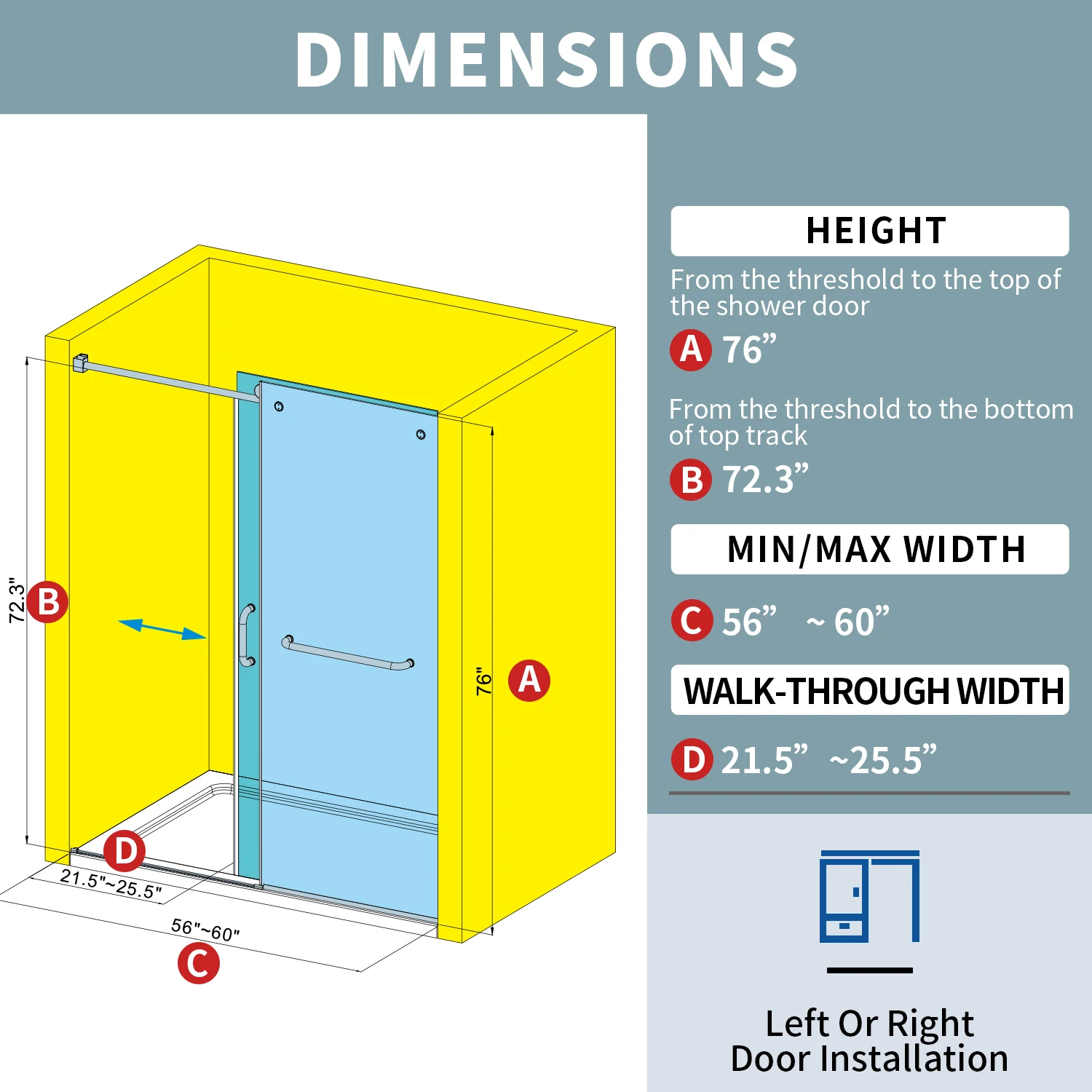 O01-56" - 60" W x 76" H Frameless Soft-closing Single Sliding Shower Door, 5/16" (8mm) Tempered Glass with Easy-cleaning Coating