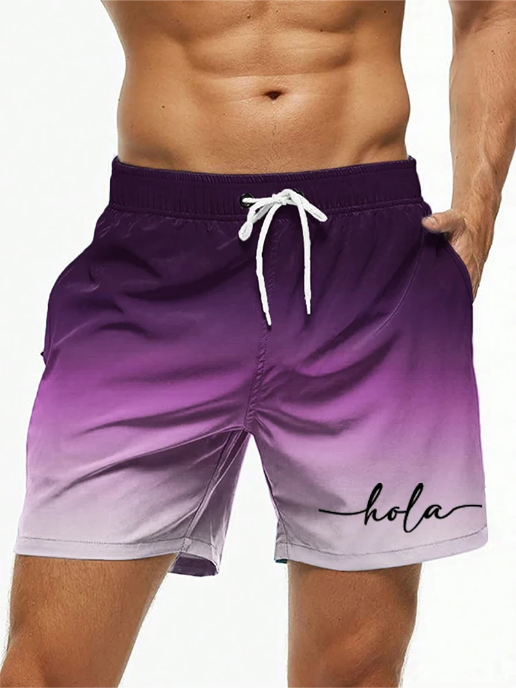 Fashion Letter Design Mens Print Shorts Summer Men's Swim Trunks Elastic Waist 3D Print ‘Hola’Graphics Gradient Breathable Short