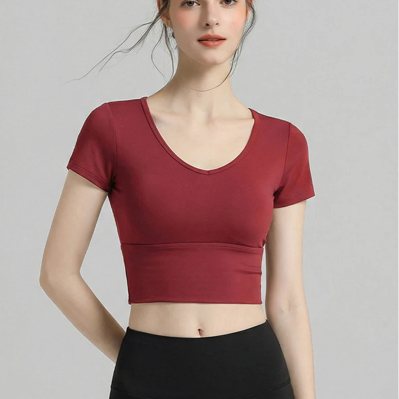 Damen Pilates-Trainings-Fitness-Brustpolster Yoga-Top Schnelltrocknend Atmungsaktiv Sport Kurzarm Hochwertiges Yoga-Shirt – Detail 7