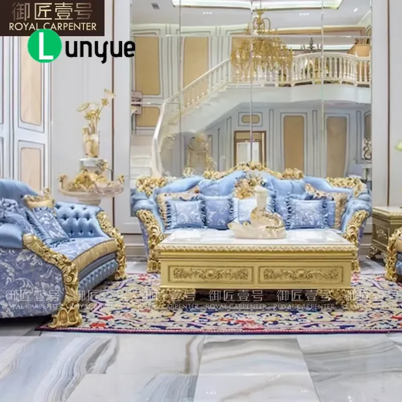 Luxury Italian French Style Solid Wood Hand Carved Sofa Set Gold Foil Fabric European Living Room Furniture for Home Villa