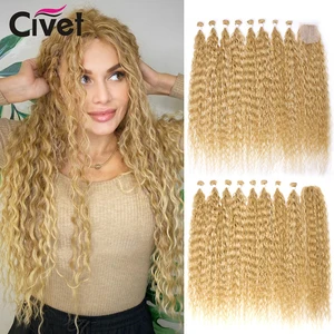 30 Inches Afro Kinky Curly Hair Weave 9Pcs/Lot Ombre Blonde Synthetic Hair Bundles With Closure High Temperature Fiber For Women