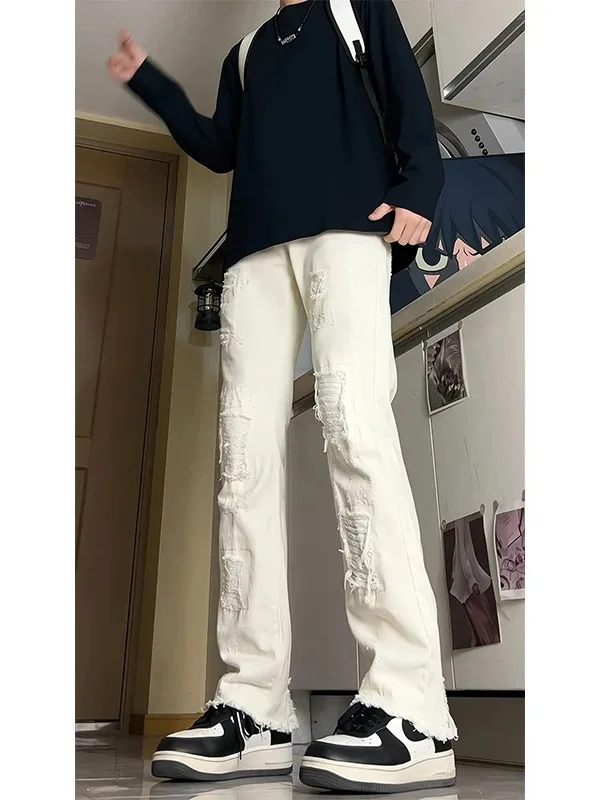 

Summer Thin Ripped Straight Leg Jeans High Street Cool Casual Pants American Trendy Bell Bot Long Trousers for Men And Women