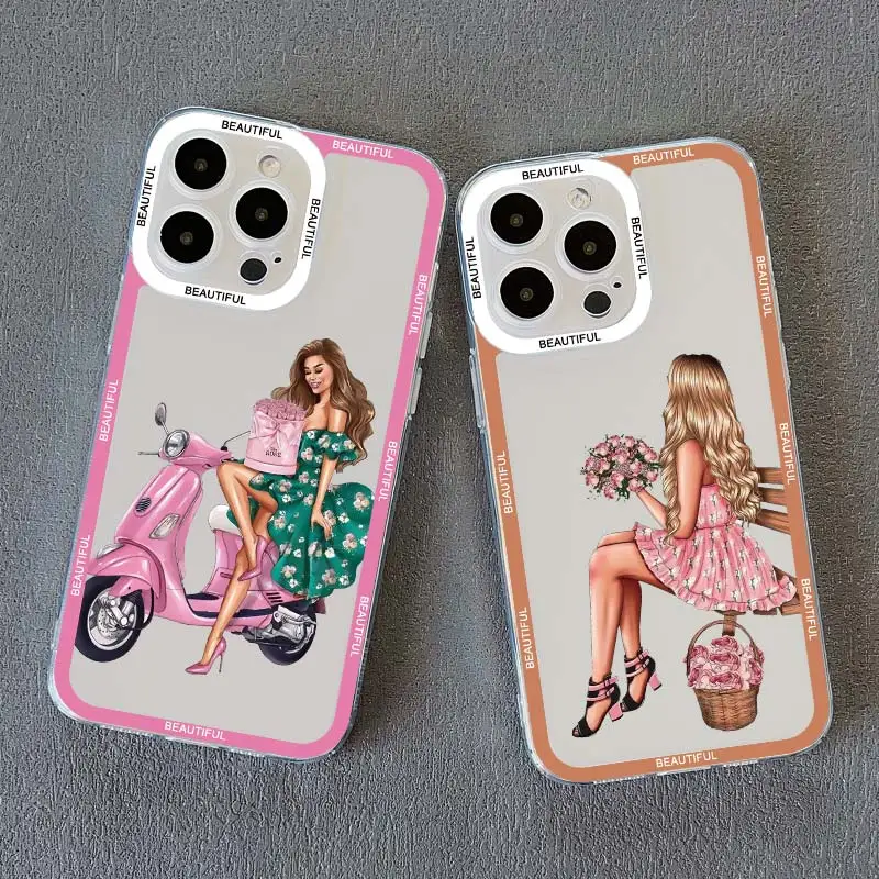 Cute Cartoon Hand Drawn Beautiful Girl Clear Phone Case for iphone 15 14 Plus Pro Max 13 11 12 Pro Max X XR XS 7 8 Plus SE Cover