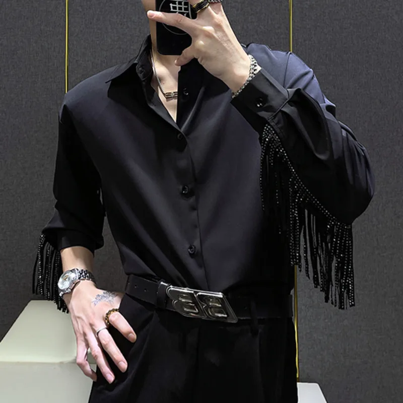 Black White Patchwork Tassels Shirts Men High Quality Punk Nightclub 2024 Trend Brand Fashion Shirt Men Camisa Social Masculina