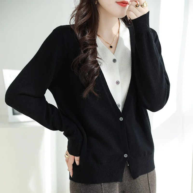 Retro Retro Patchwork ถักเสื้อกันหนาวฤดูใบไม้ร่วงและฤดูหนาวใหม่ผู้หญิงถักเสื้อ V คอเสื้อสเวตเตอร์ถักปลอม 2 ชิ้น