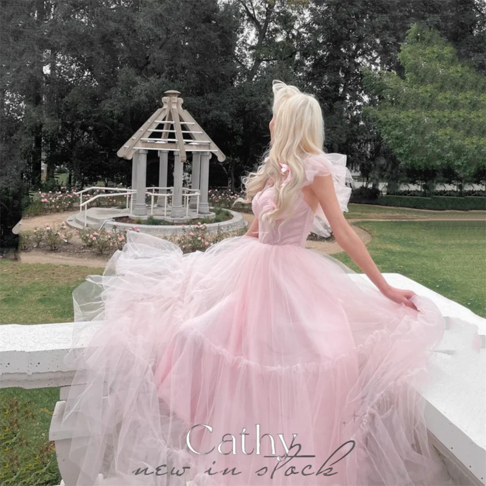 

Cathy Sweet Baby Pink Prom Dress 2023 Cute Short Sleeve فساتين مناسبة رسمية Cute A-line Tulle Vestidos De Noche