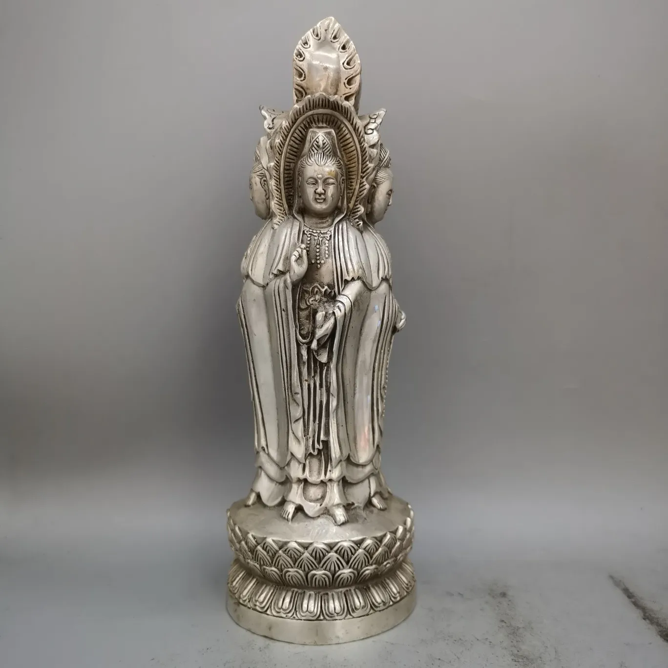 24-cm-archaize-exquis-blanc-cuivre-argent-plaque-quatre-cotes-bouddha-bouddhiste-guanyin-bodhisattva-statue