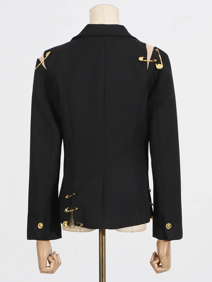 Romiss sólido retalhos fivela de metal blazers para mulher gola entalhada manga longa botão emendado casual emagrecimento blazer feminino