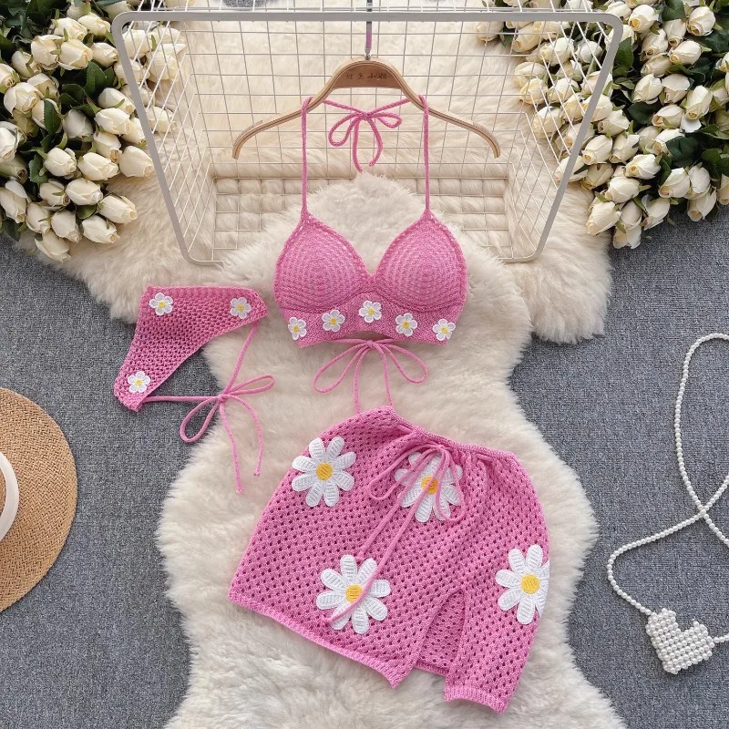 Nepoe Set Bikini renda rajut liburan pantai untuk wanita atasan kamisol seksi musim panas + rok belahan Bodycon pinggang ramping