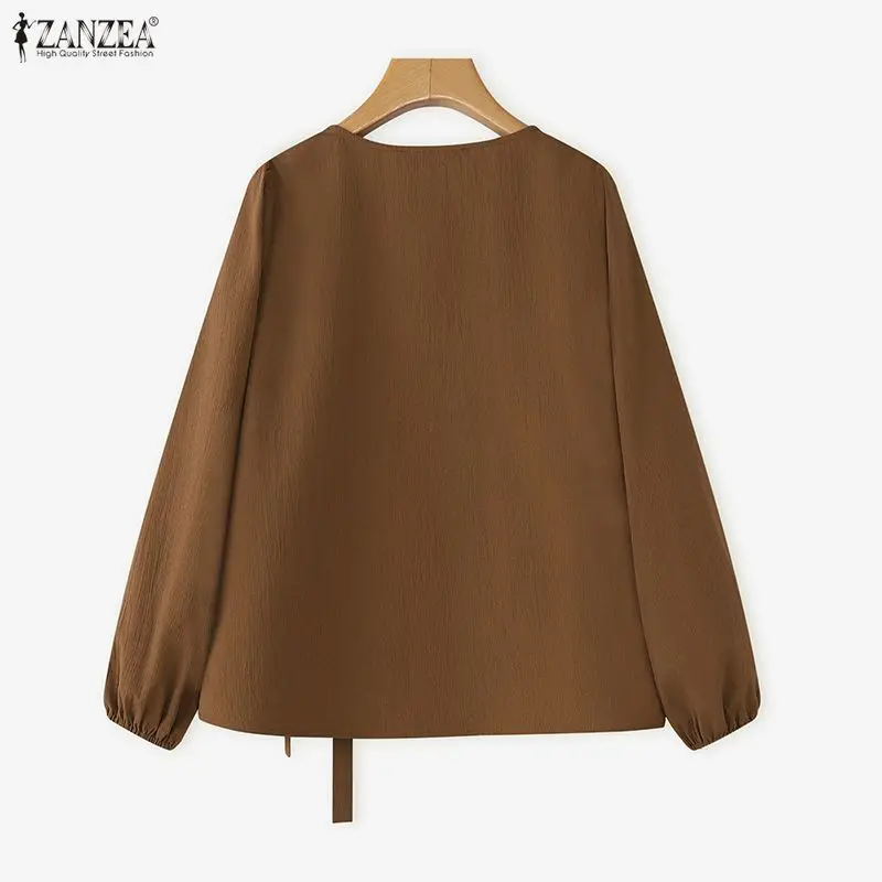 Zanzea camisas elegantes femininas manga longa moda botões blusa de cor sólida primavera bandagem escritório streetwear blusas topos 2026