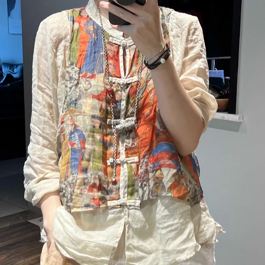 

New Chinese Sle Floral Print irt Women's Long Sve Cotton Linen Blend Fake Two-Piece Set Ele Top for Office Commute