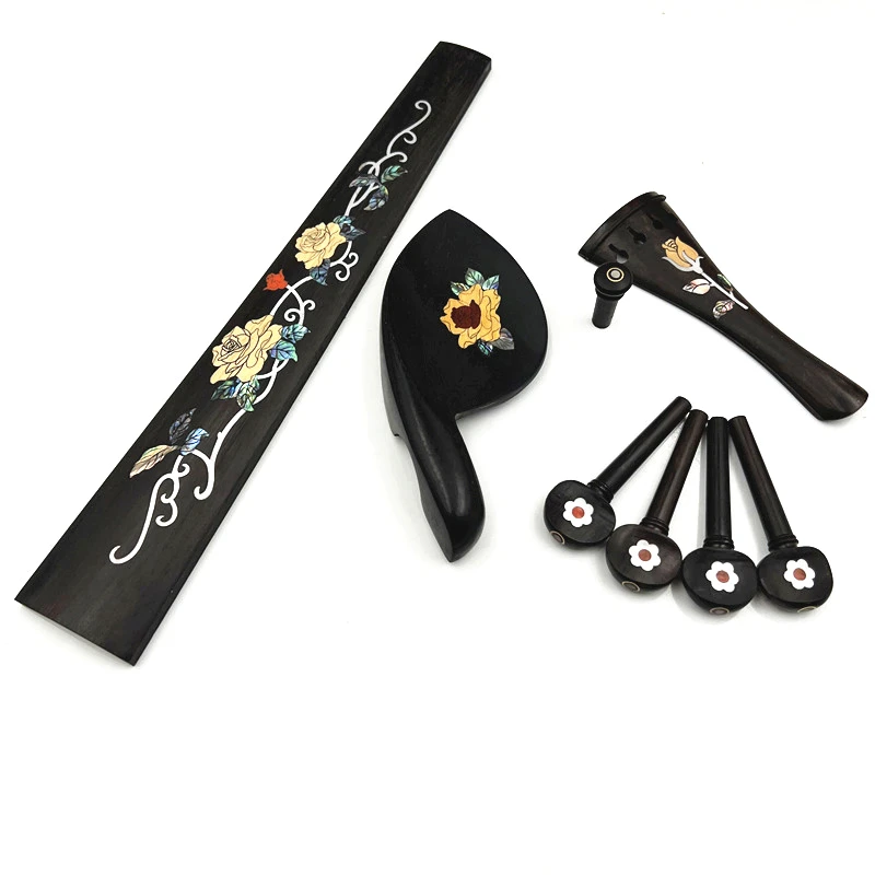 1 set 4/4 violin ebony accessories parts fittings,Inlaid pattern Tailpiece+Tuning pegs+Endpins+Chin rest/Chin Holder+Fingerboard