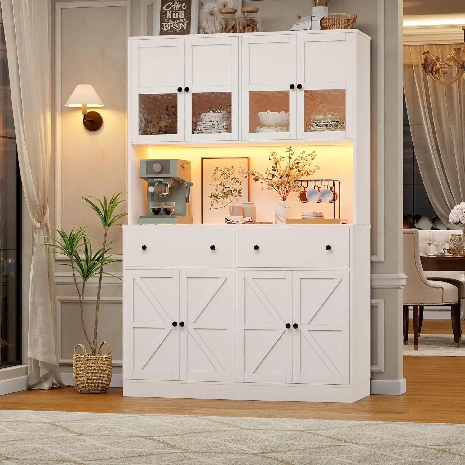 

71" Pantry Cabinet with LED Light and Charging Station, Farmhouse Kitchen Pantry Cabinet with Microwave Stand, 47.2" Wide Kitch