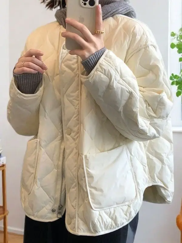 2026 New Versatile Small Collarless Cotton Clothes Women's Rhombus Loose Fashion Student Short Winter Coat