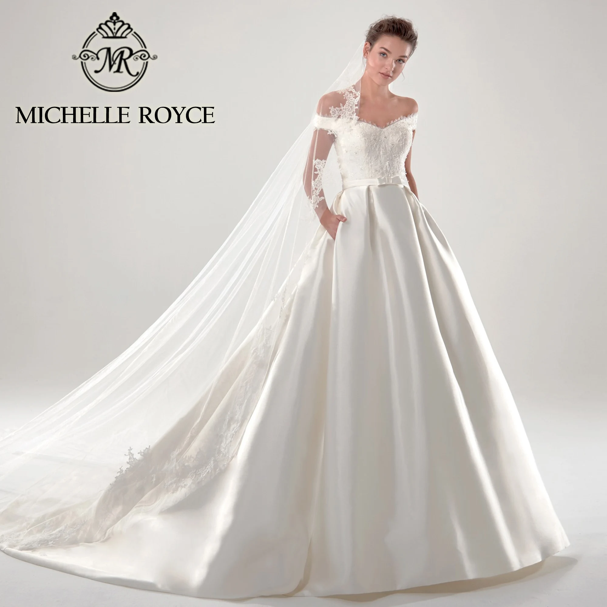 

Michelle Royce Ball Gown Wedding Dress 2024 Appliques Beading Pockets Satin Wedding Gown Classic Bride Dress Vestidos De Novia