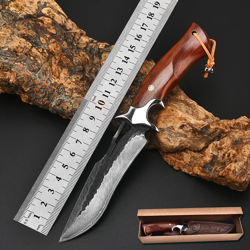 Outdoor Damascus straight knife, survival knife, portable EDC fixed blade knife with knife sleeve gift box, camping knife