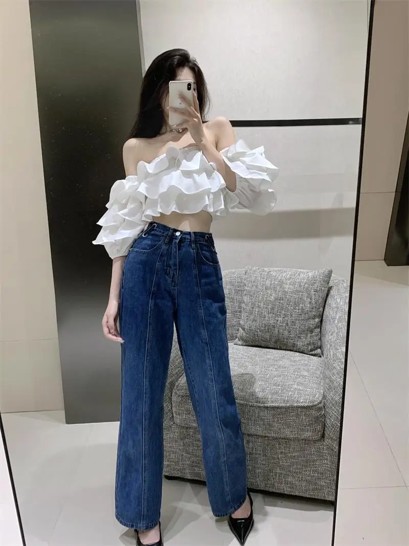 Blouses Women Slash Neck Ruched Ruffles Crop Tops Summer Ins Chic Personality Short Sleeve Korean Fashion Hot Girls Ulzzang BF