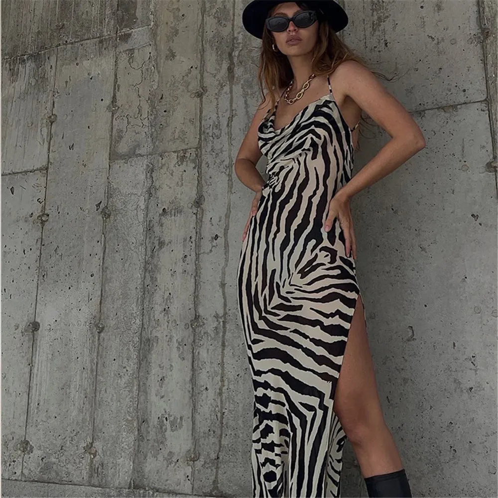 Boniouo Zebra Print Women Summer Beach Dress Female Robe Halter Sexy Maxi Dresses Fashion Elegant Sundress Vestido Woman Outfits