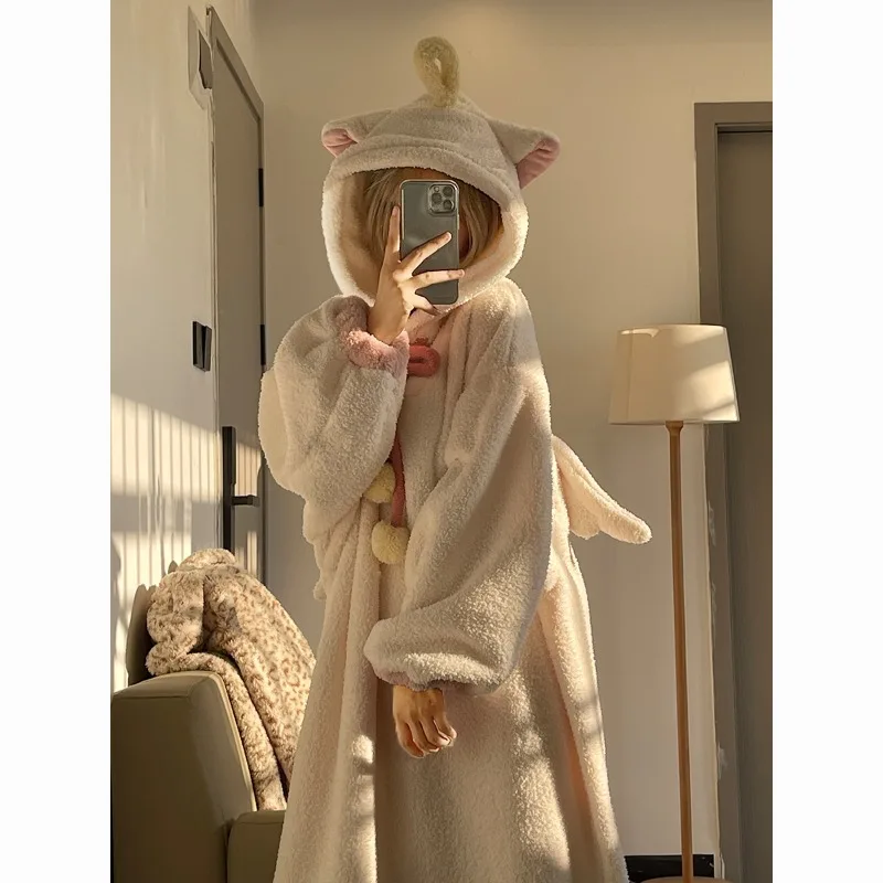 Sweet Cute Hooded Coral Velvet Robe Women Winter Pajamas Plush Thickened Warm Long Sleepwear Nightgown Kawaii Bathrobe Loungwear