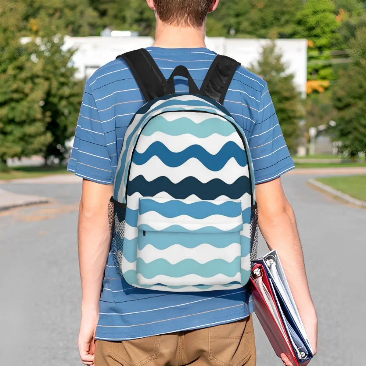 Abstract Blue Wave Pattern Calm Ocean Inspired Design Backpack Student BookBag Men Women School Bag Laptop Shoulder Bags
