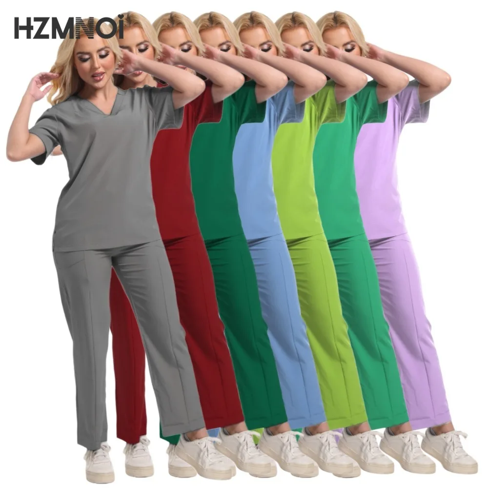 

Medical Women Uniforms Hospital Scrubs Sets V neck Tops Pant Nurses Accessories Dental Clinic Beauty Salon Spa Workwear Clothes