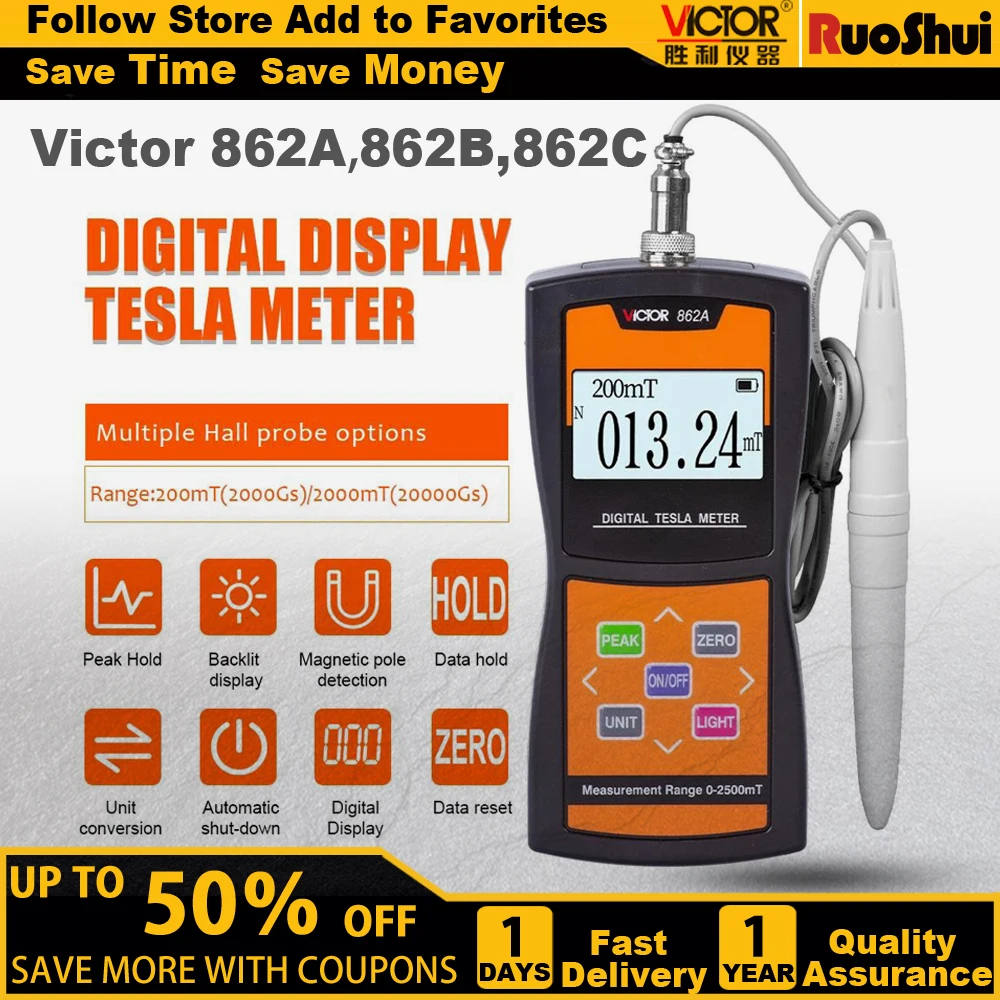 

Victor 862 Digital Tesla Meter Magnetic Flux Surface Magnetic Field Tester 2% High Accuracy Handheld Permanent Magnet Gaussmeter