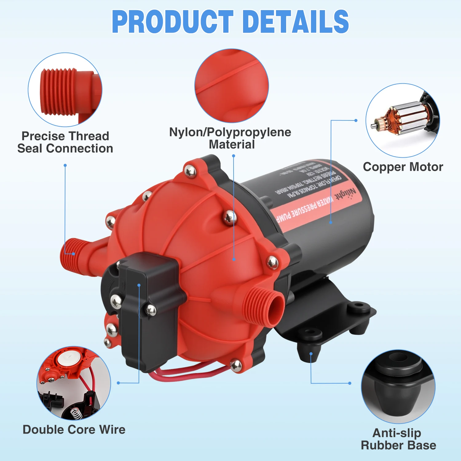 Nilight RV Water Pump 12v Camper Water Pump 7.0 GPM 70 PSI with Pressure Switch Strainer Heavy Duty Diaphragm Pump 12 Volt DC Upgrade Self-Priming Low Noice for RV Marine Yacht Caravan Camper Trailer - view 4