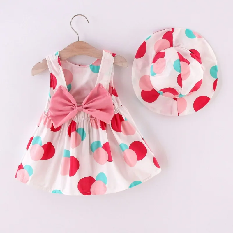 Summer Girls Dress 2024 Children's New Sleeveless EuropeAn-American Style Color Matching Polka Dot Print Bow Sundress