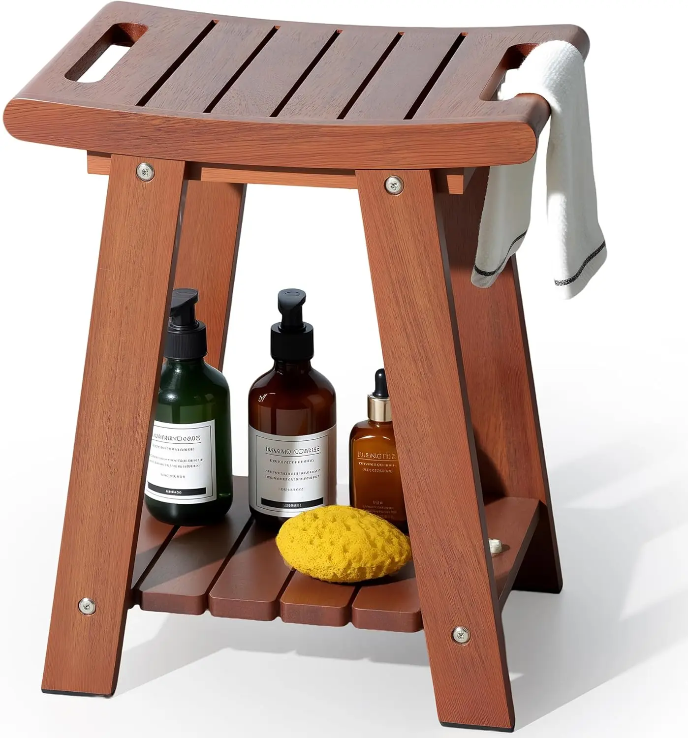 Teak Shower Stool with Shelf & Towel Bar, Teak Wood Shower Bench for Shaving Legs, 14" Waterproof Bath Seat for Small Bath