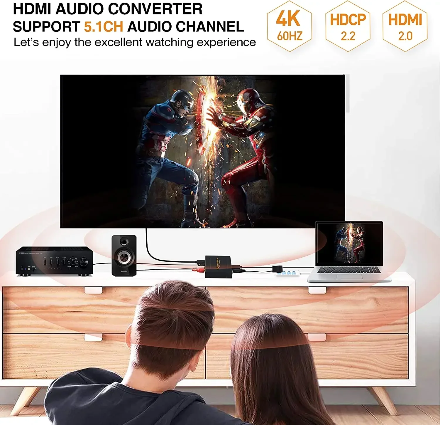 Conversor de Extrator de Áudio Compatível com HDMI, Áudio HD, SPDIF, RCA, L, R Stereo, Fire Stick, Xbox, PS5, Suporte 3D, HDCP2.2, 18 GBPS