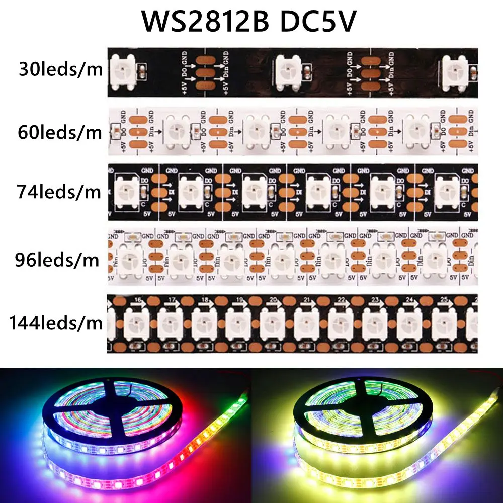 Tira de luces Led DC5V WS2812B 30/60/74/96/144leds/m direccionable individualmente inteligente 5050RGB WS2812 píxeles luz Led IP30/65/67