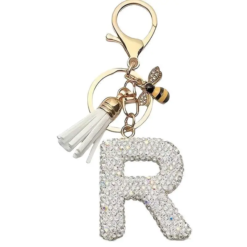Glitzernder Strass-Schlüsselanhänger mit A-Z-Initialen, niedlicher Bienen-Anhänger, Quasten-Dekoration, personalisierte Geschenke für Autoschlüssel und Taschen – Detail 5