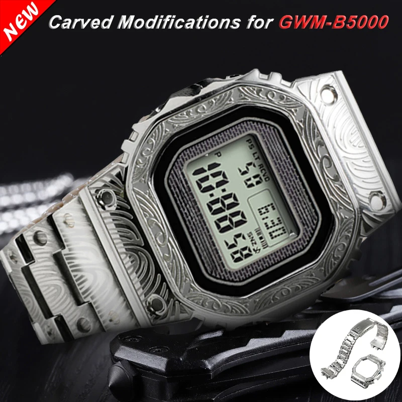 

Engraving Bezel Mod Kit for GWM-B5000 Steel Carved Bezel Watch Case + Carved Strap Repair Watch Accessories