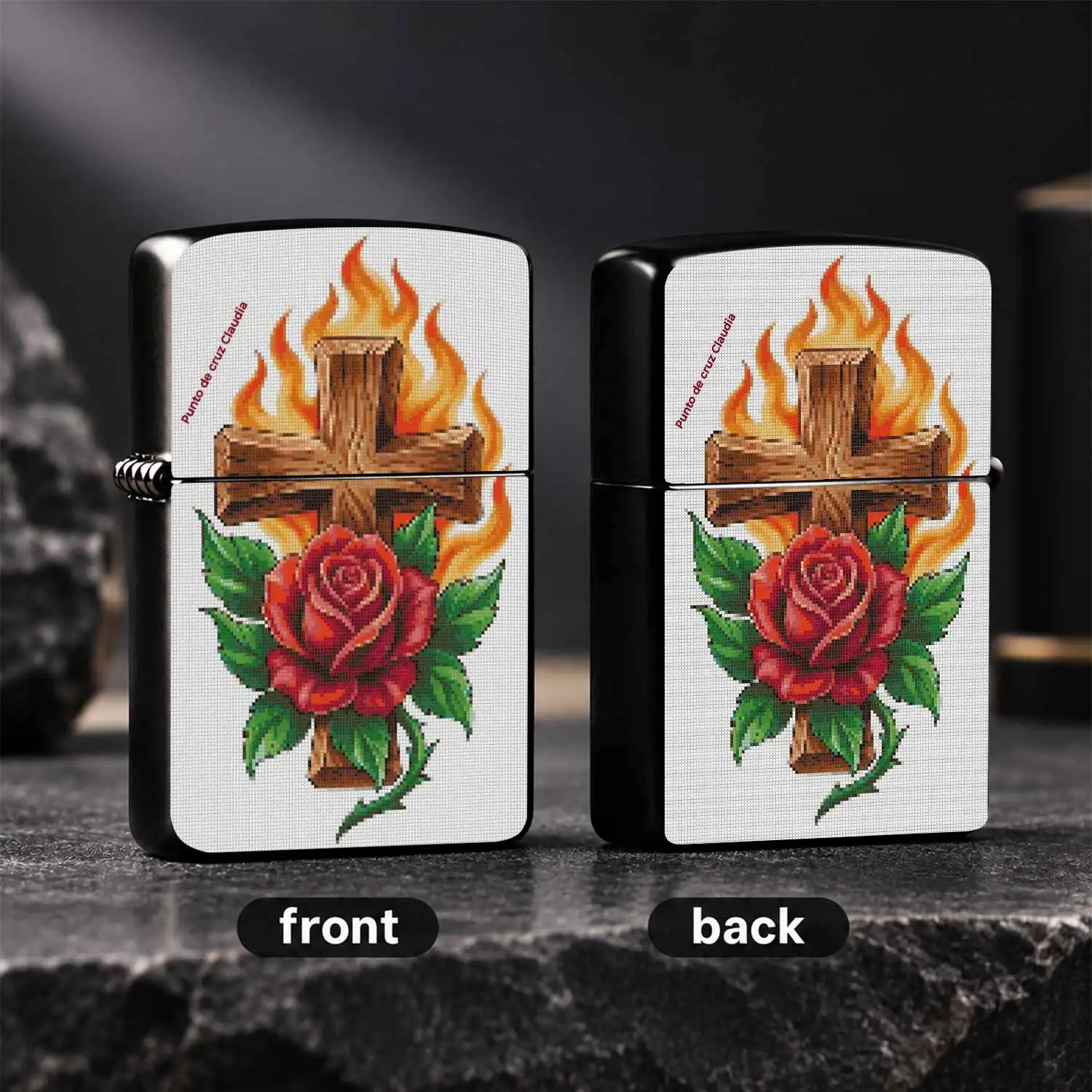 Vintage Wooden Cross Flaming Red Rose Themed, Retro Religious Inspired Windproof Pocket, Artistic Tattoo Style Portable Flame, Ideal Religious Believer Gift Daily Carry Collectible Decorative Practical Igniter A Fun And Humorous Lighter